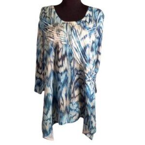 Chicos Size 3 XL Tunic Top Blue Ikat Pattern Long Sleeve Pleated Raw Edge Detail